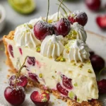 Slice of luscious lemon-lime cherry pistachio cheesecake topped with whipped cream, whole cherries, chopped pistachios, and lime zest.