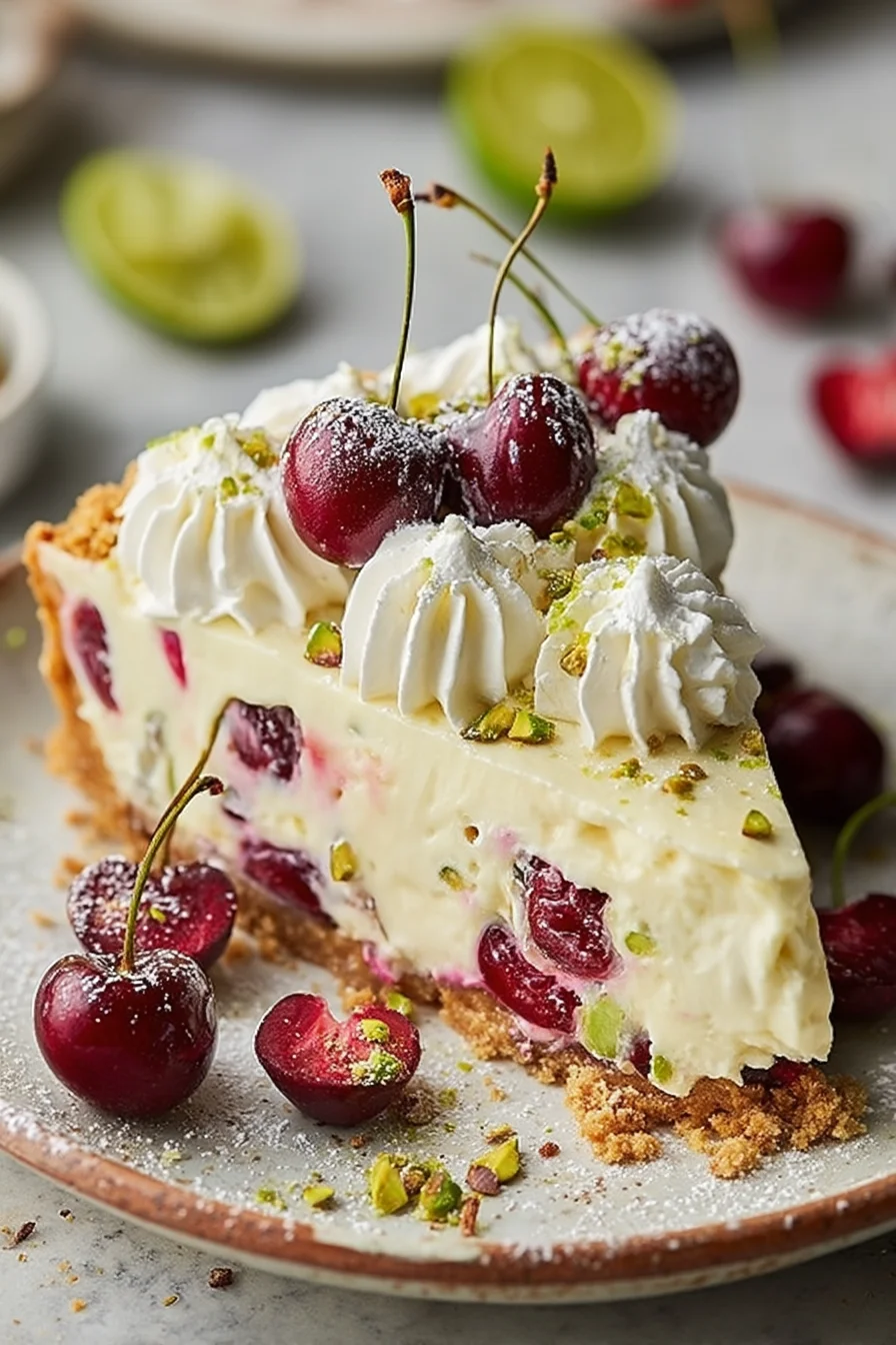 Slice of luscious lemon-lime cherry pistachio cheesecake topped with whipped cream, whole cherries, chopped pistachios, and lime zest.
