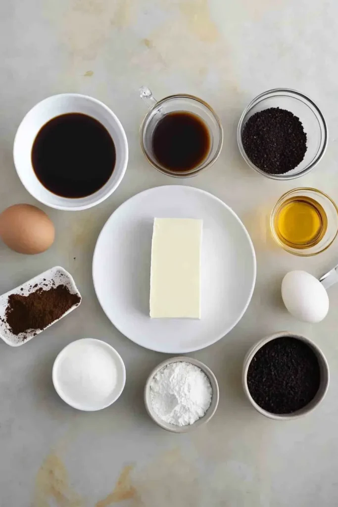 Mini Coffee Cheesecakes – Easy Father’s Day Dessert Recipe 9 Flat lay of ingredients for mini coffee cheesecakes including cream cheese, espresso, sugar, vanilla, eggs, and Oreo crumbs on a rustic surface