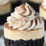 Mini Coffee Cheesecakes – Easy Father’s Day Dessert Recipe 15 Mini coffee cheesecake with Oreo crust and whipped cream topping dusted with cocoa powder, styled on a rustic surface