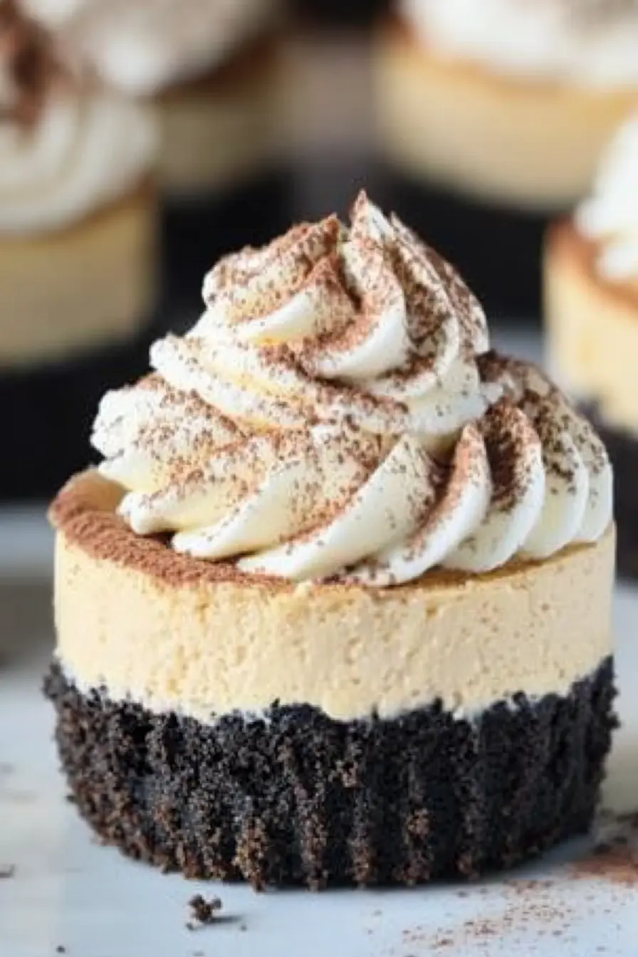 Mini coffee cheesecake with Oreo crust and whipped cream topping dusted with cocoa powder, styled on a rustic surface