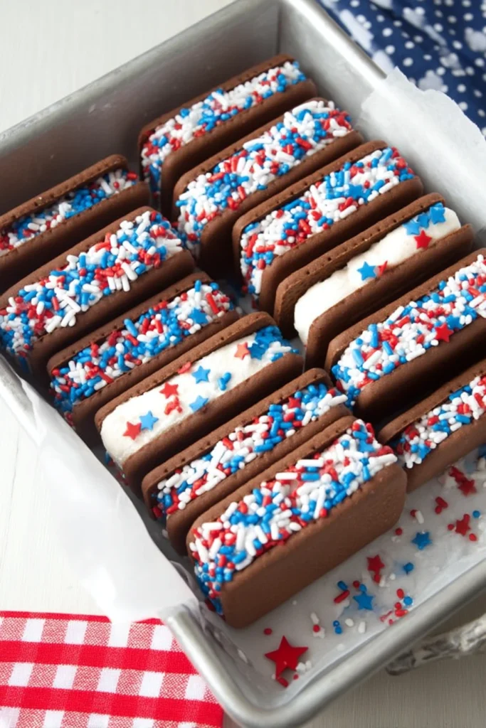 Mini ice cream sandwiches dipped in patriotic red, white, and blue sprinkles, served on wooden sticks, stacked for a fun 4th of July dessert display.