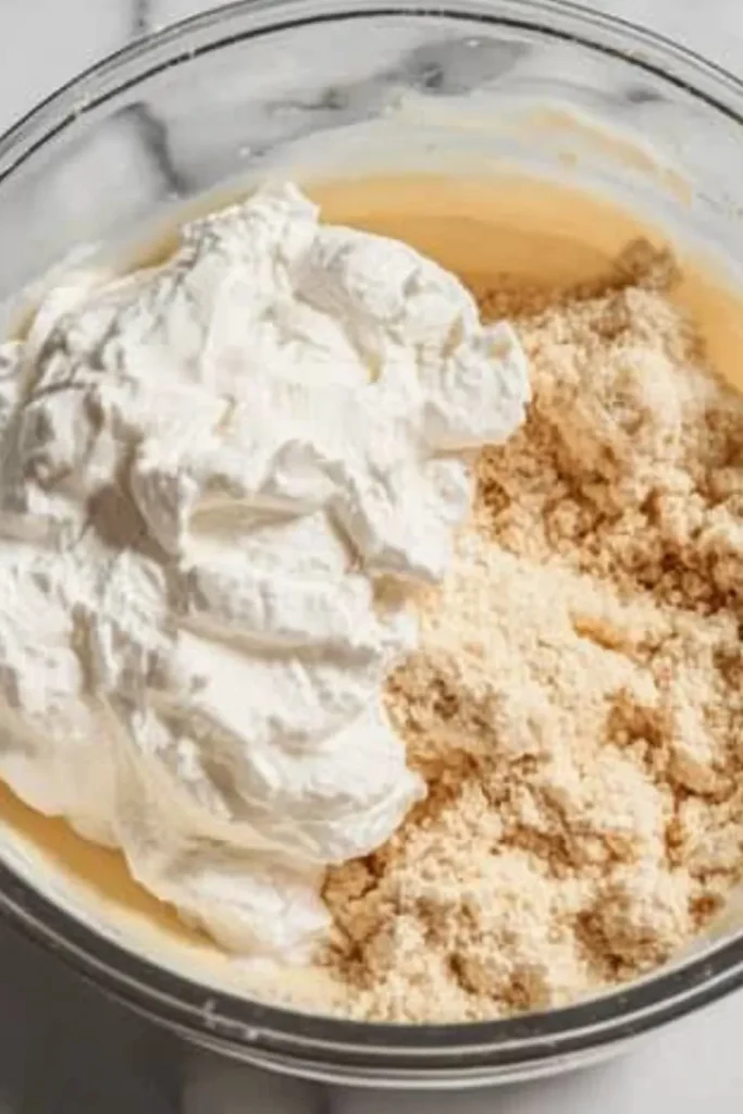 Red White and Blue Funfetti Dip – Easy No-Bake Party Treat 10 Glass bowl filled with cake mix, Cool Whip, yogurt, and vanilla extract, ready to be mixed for Red, White and Blue Funfetti Dip.