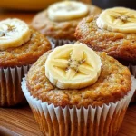 Banana Bread Muffins Recipe: Easy, Moist & Flavorful 9 Golden banana bread muffins topped with banana slices, served on a rustic board with bananas and yogurt in the background.