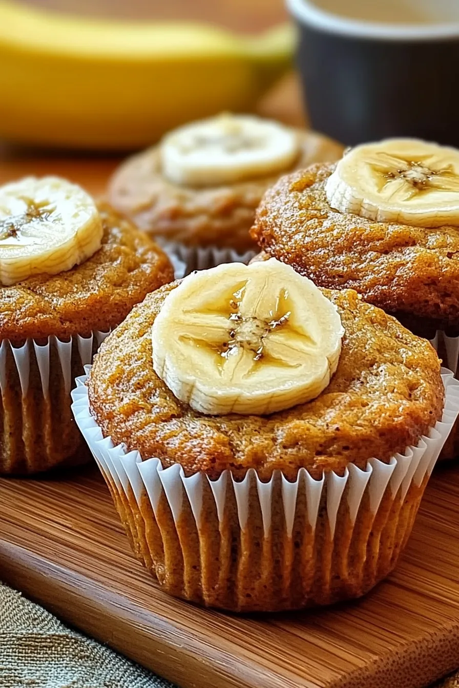 Golden banana bread muffins topped with banana slices, served on a rustic board with bananas and yogurt in the background.
