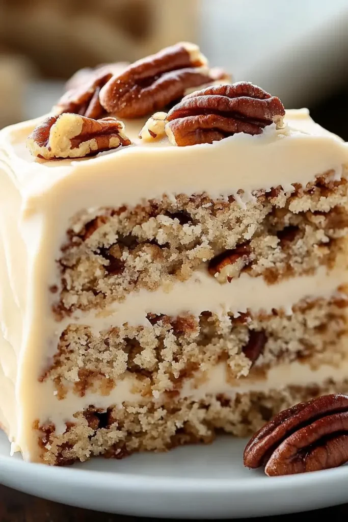 Butter Pecan Cake Recipe – Moist, Nutty & Easy to Make 3 Get a closer look at this butter pecan cake slice—moist, nutty, and covered in velvety frosting. A perfect visual for what homemade goodness looks like.