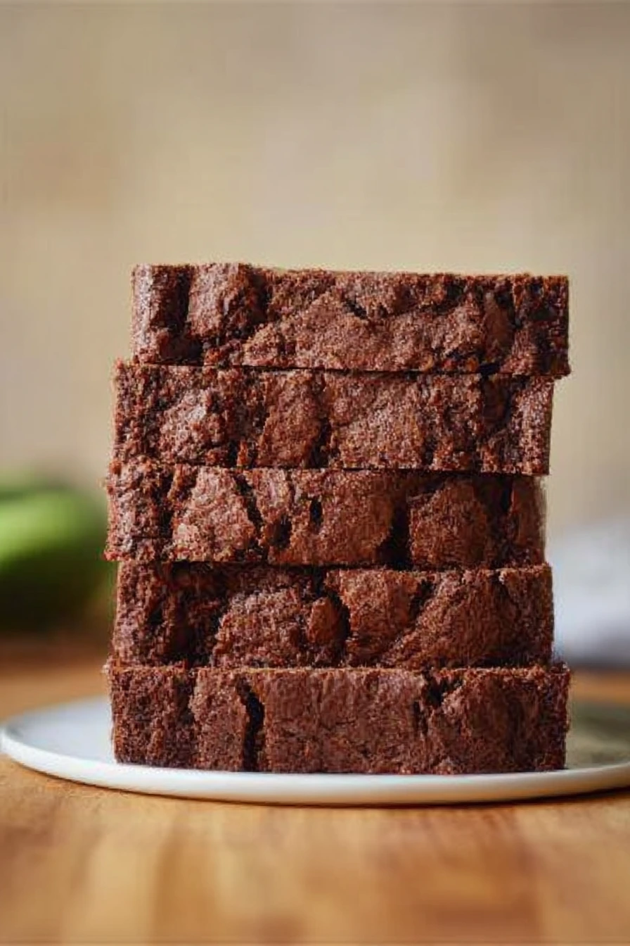 Stack of moist chocolate zucchini bread slices with cracked tops and soft, dense texture