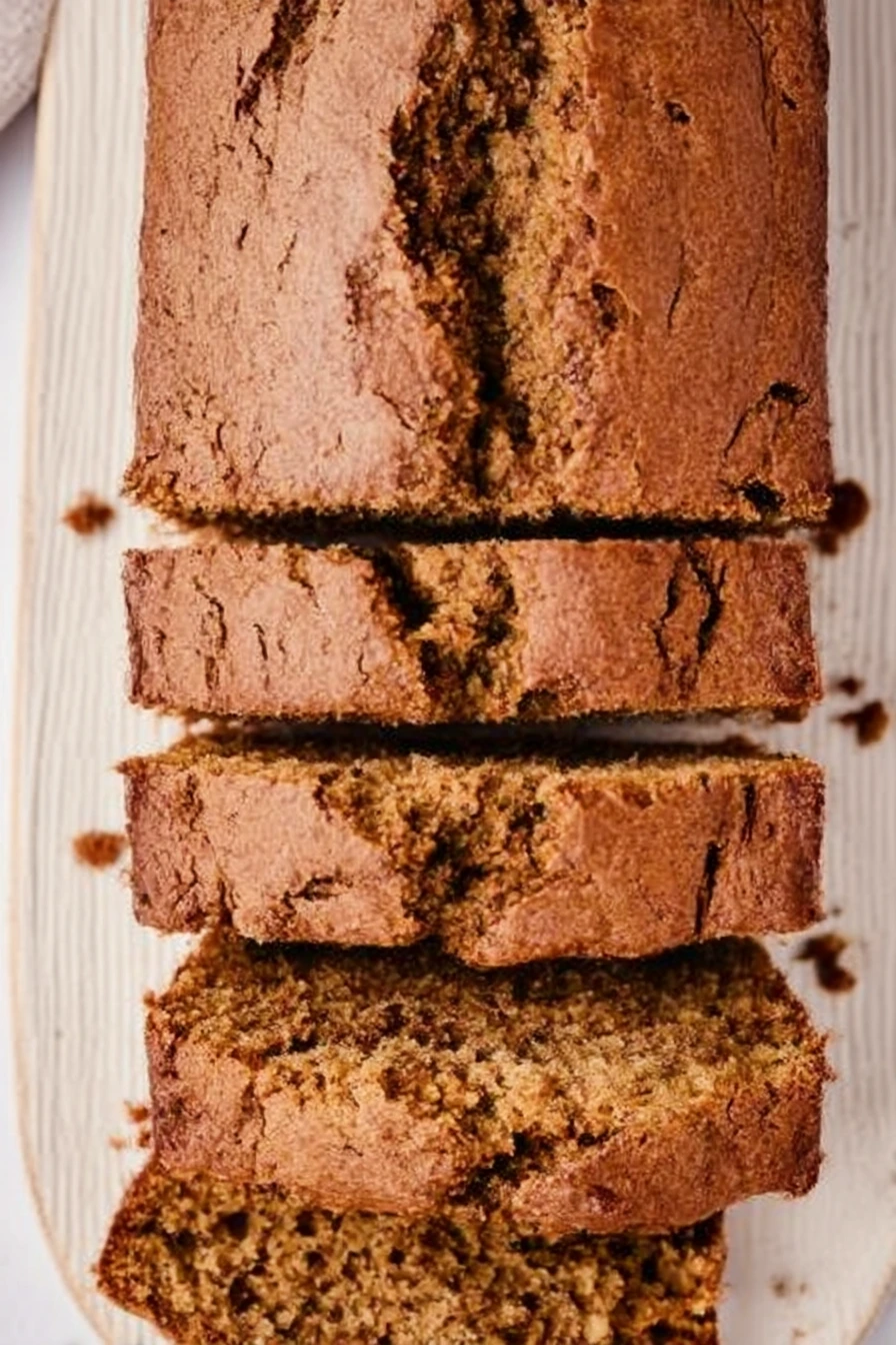 Close-up of moist homemade zucchini bread loaf with crispy cracked golden crust and tender crumb, sliced and served on a cream ceramic plate