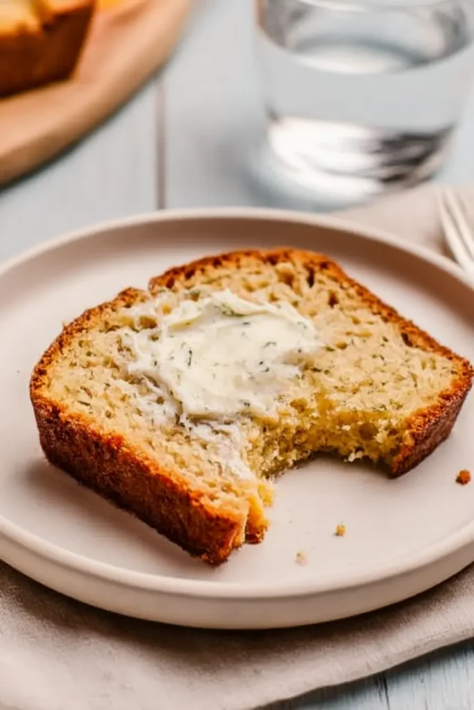 Southern Peach Bread: Easy Moist Recipe for Summer Baking 6 Partially eaten slice of Southern peach bread on a pale white plate, topped with creamy herb butter.