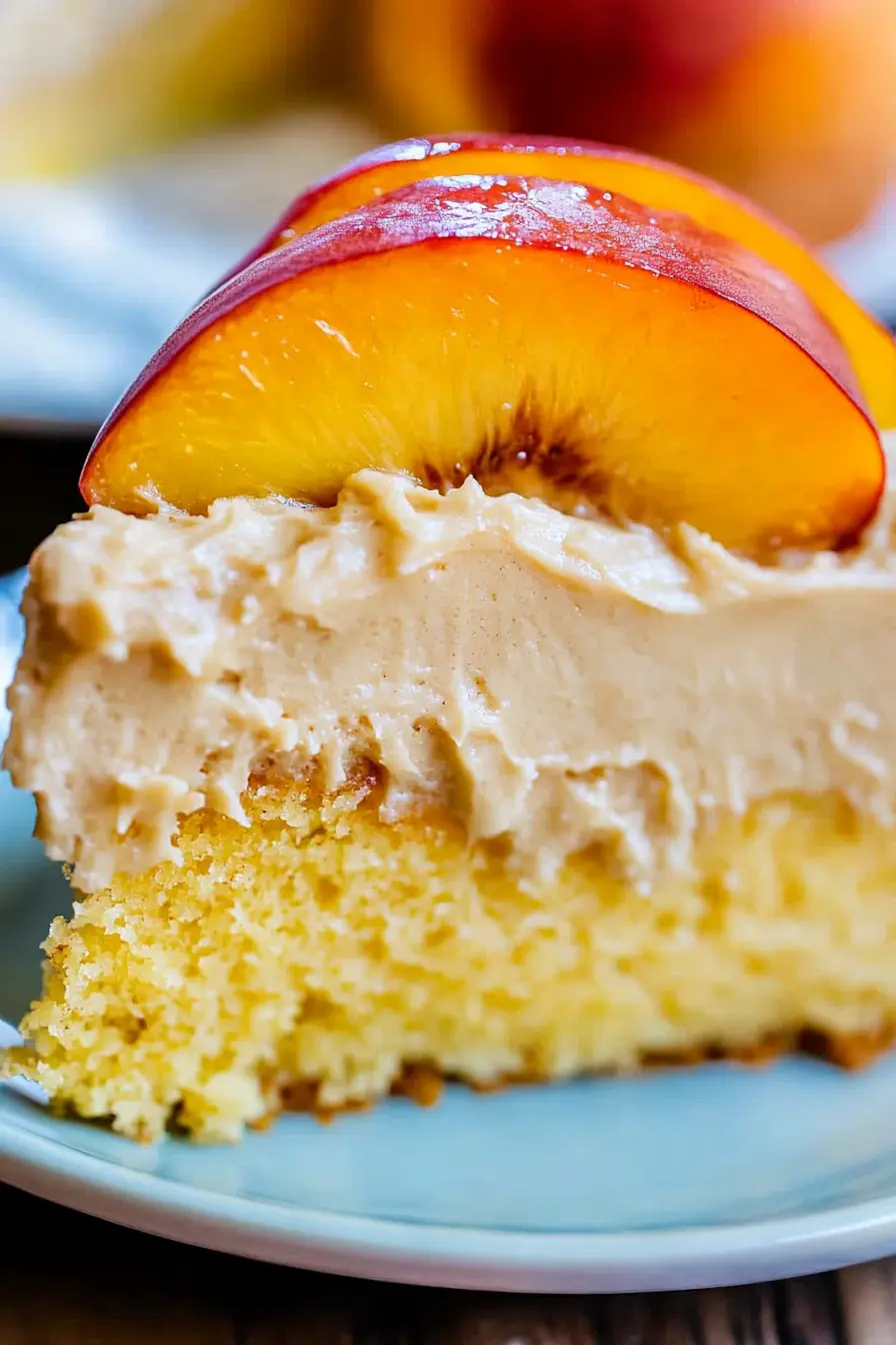 Close-up of a moist peach cake slice topped with brown sugar frosting and peach slices