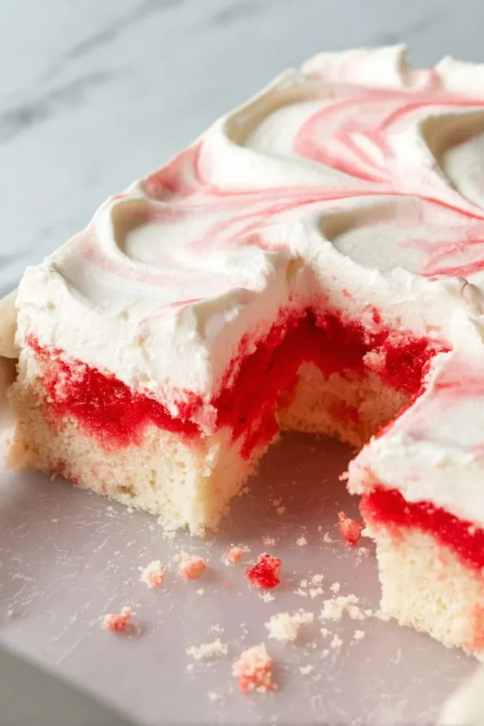 Close-up of moist Strawberry Jello Poke Cake in a glass dish with Cool Whip topping and vibrant red Jello filling.