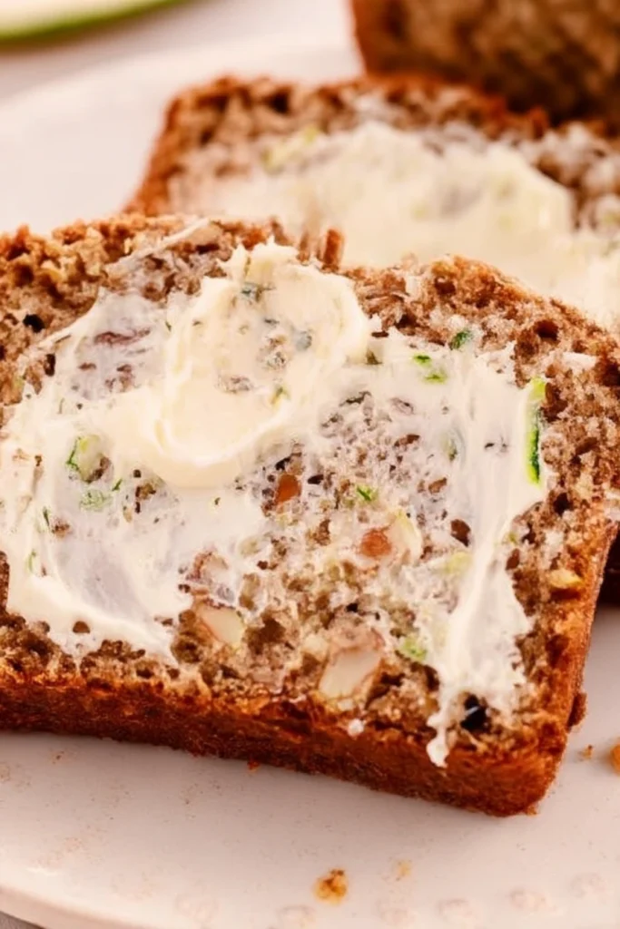 Best Ever Moist Zucchini Bread Recipe: Easy, Flavorful & Perfect for Summer 6 Close-up of moist homemade zucchini bread slice spread with creamy butter, showing grated zucchini and chopped nuts, served on a cream ceramic plate
