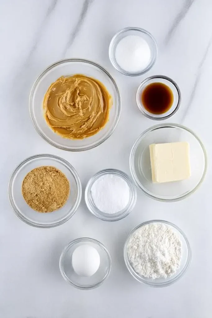 Peanut Butter Cookies Recipe: Easy, Soft & Chewy Classic Treats 5 Top-down view of peanut butter cookie ingredients neatly arranged in glass bowls on a light beige marble surface, including peanut butter, sugars, flour, egg, butter, and vanilla.