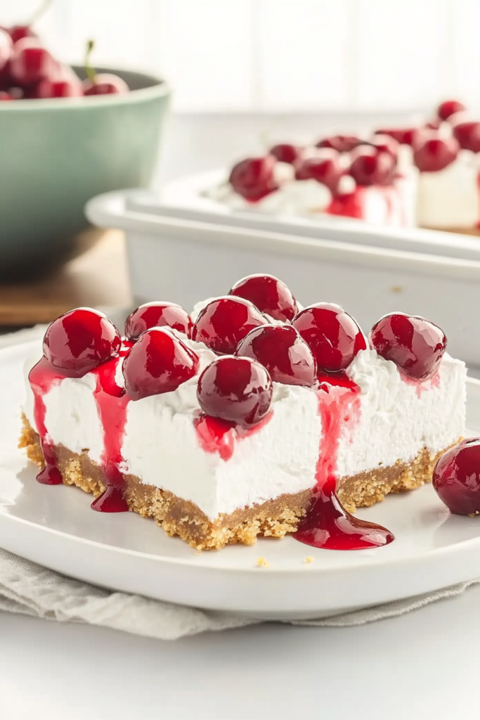 Cherry Delight dessert slice with graham cracker crust, creamy filling, and cherry topping on a plate