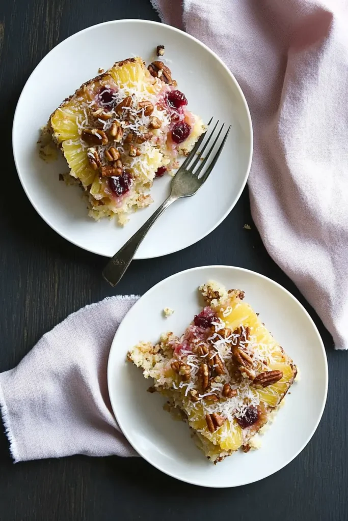 Top-down view of cherry pineapple dump cake slices with toasted coconut and pecans on white plates, served on a dark table with vintage forks.