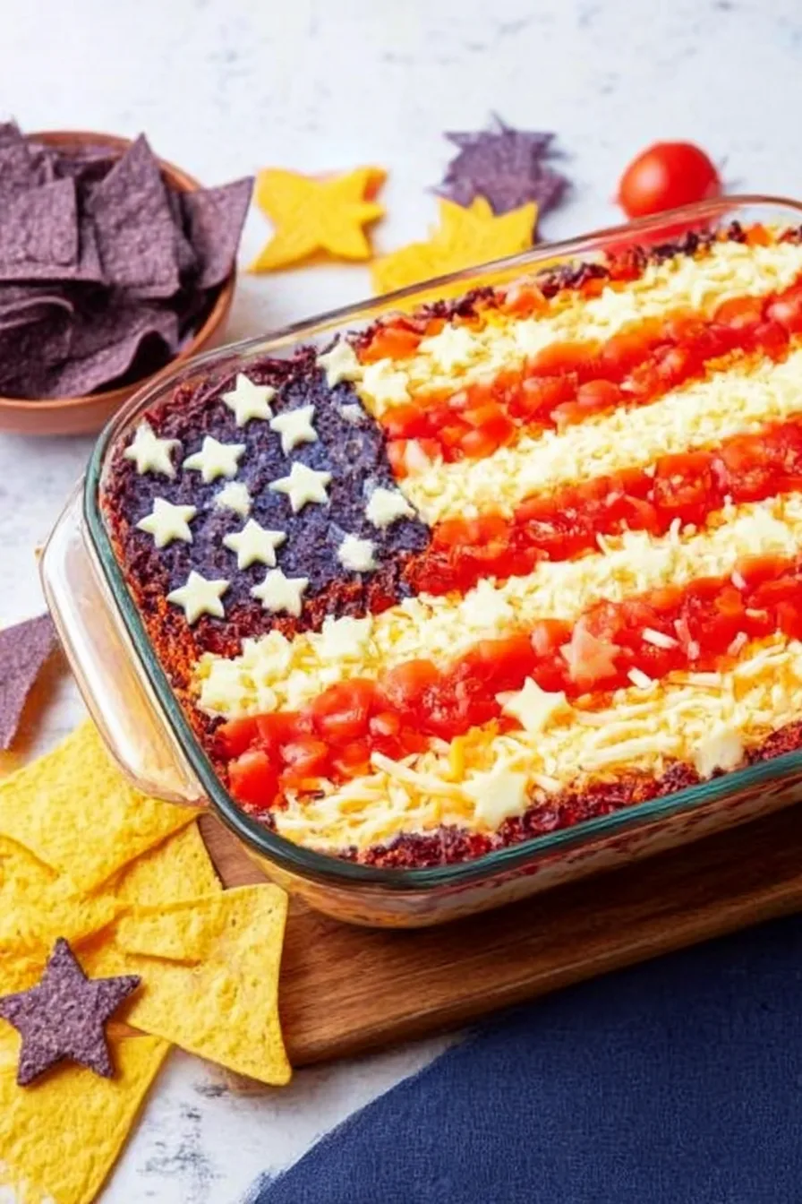 Flag Taco Dip styled like the American flag with blue corn chips, cheese stars, and tomato and cheese stripes in a glass dish for a 4th of July party