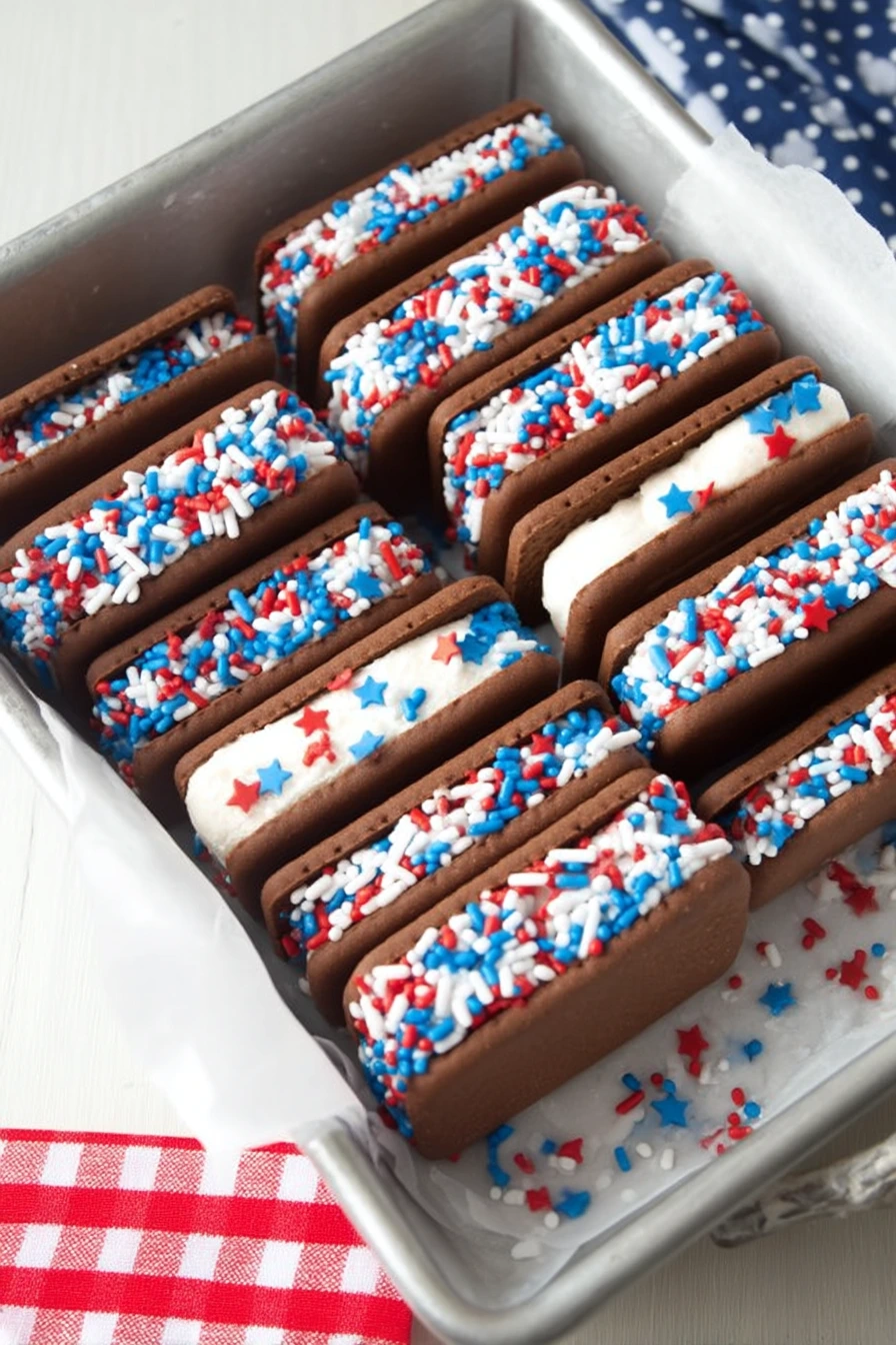 Patriotic mini ice cream sandwiches coated in red, white, and blue star-shaped sprinkles in a metal tray lined with parchment paper.