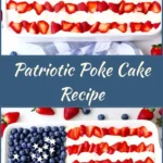 Patriotic Poke Cake Recipe: A Festive Red, White & Blue Dessert for the 4th of July 3 Rectangular patriotic poke cake decorated as the American flag with blueberries, whipped cream stripes, and finely chopped strawberries in a white ceramic dish on a light marble surface.