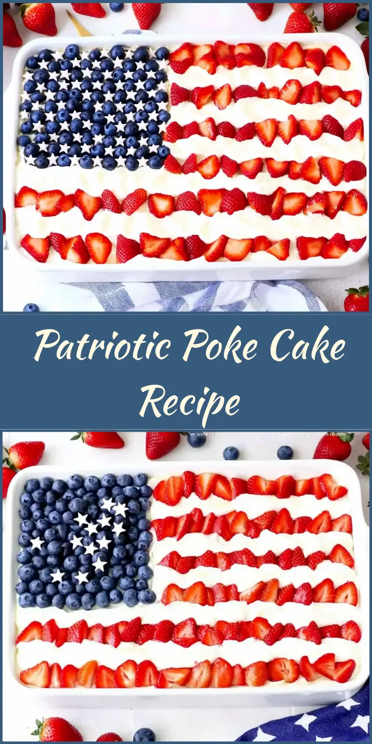 Rectangular patriotic poke cake decorated as the American flag with blueberries, whipped cream stripes, and finely chopped strawberries in a white ceramic dish on a light marble surface.