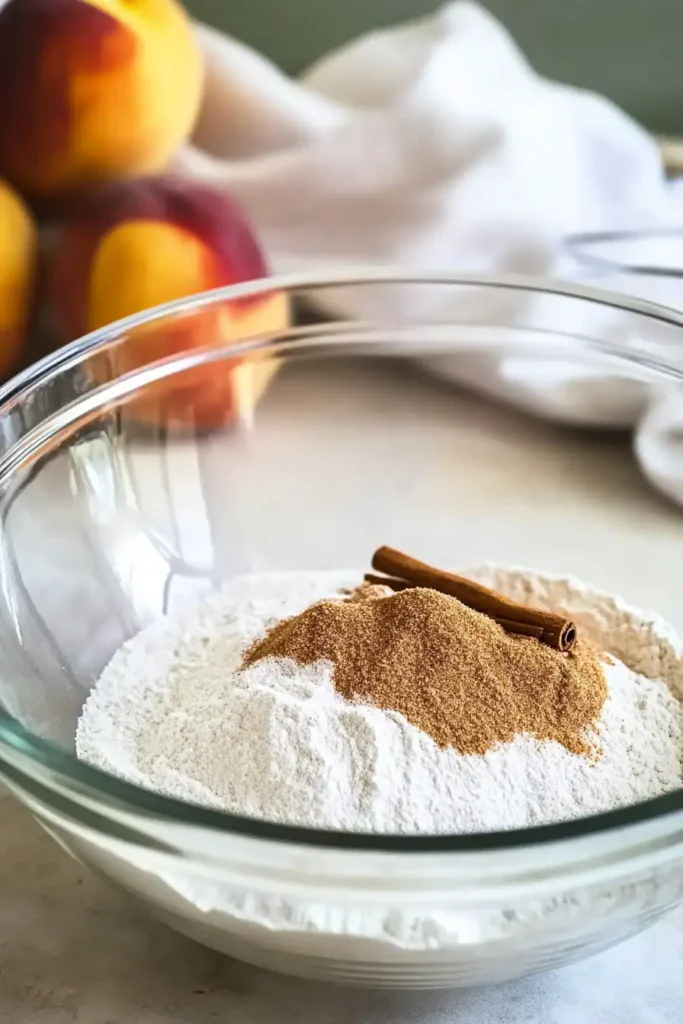 Dry ingredients including flour, sugar, and cinnamon in a glass bowl, ready for mixing peach fritter batter.