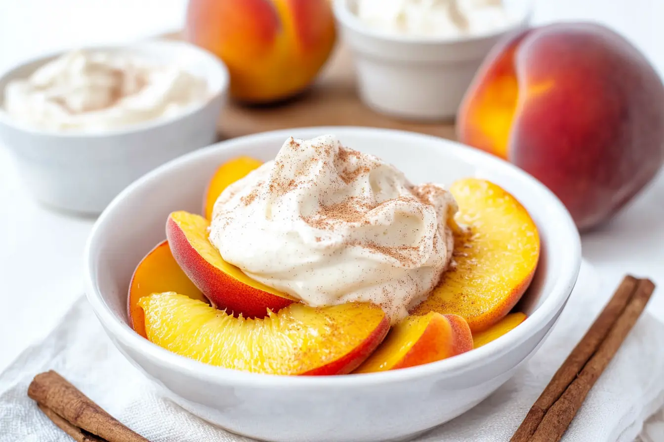 A white bowl filled with sliced ripe peaches topped with cinnamon coconut whipped cream, with whole peaches and cinnamon sticks in the background.