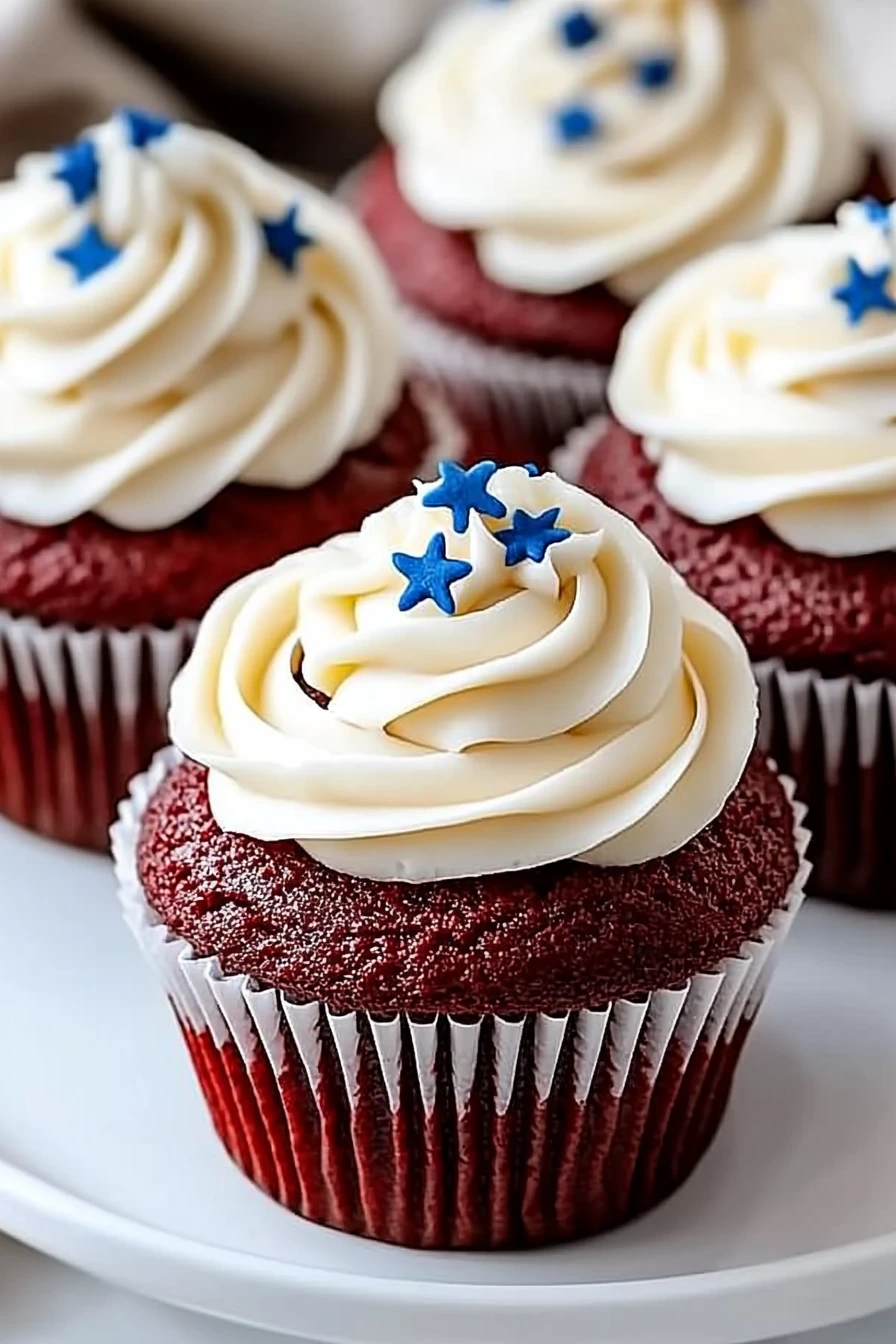 three moist red velvet cupcakes topped with creamy smooth cream cheese frosting and blue star sprinkles, on a white ceramic plate with a soft beige fabric background.