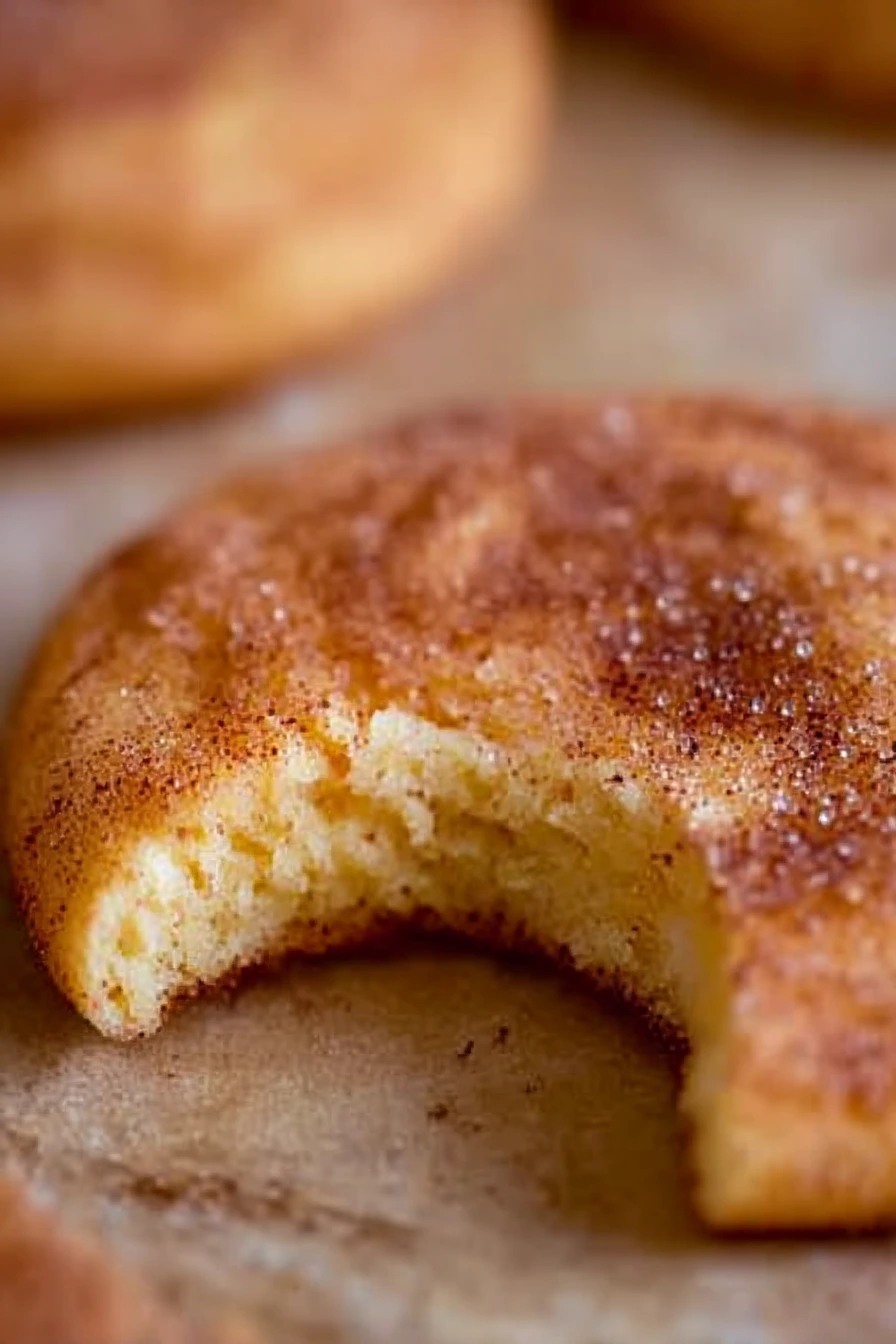 Soft and chewy snickerdoodle cookie with a bite taken out, coated in cinnamon sugar and resting on parchment paper with a warm, rustic background.