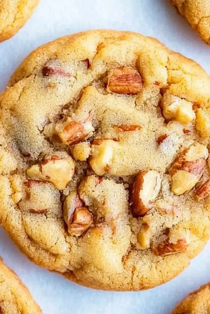 Whole butter pecan cookie with golden edges and toasted pecans on light parchment background