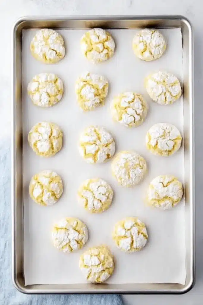 Lemon Crinkle Cookies: A Soft, Citrus Hug in Every Bite 7 Lemon crinkle cookies arranged in neat rows on a parchment-lined baking sheet with golden edges and powdered sugar tops