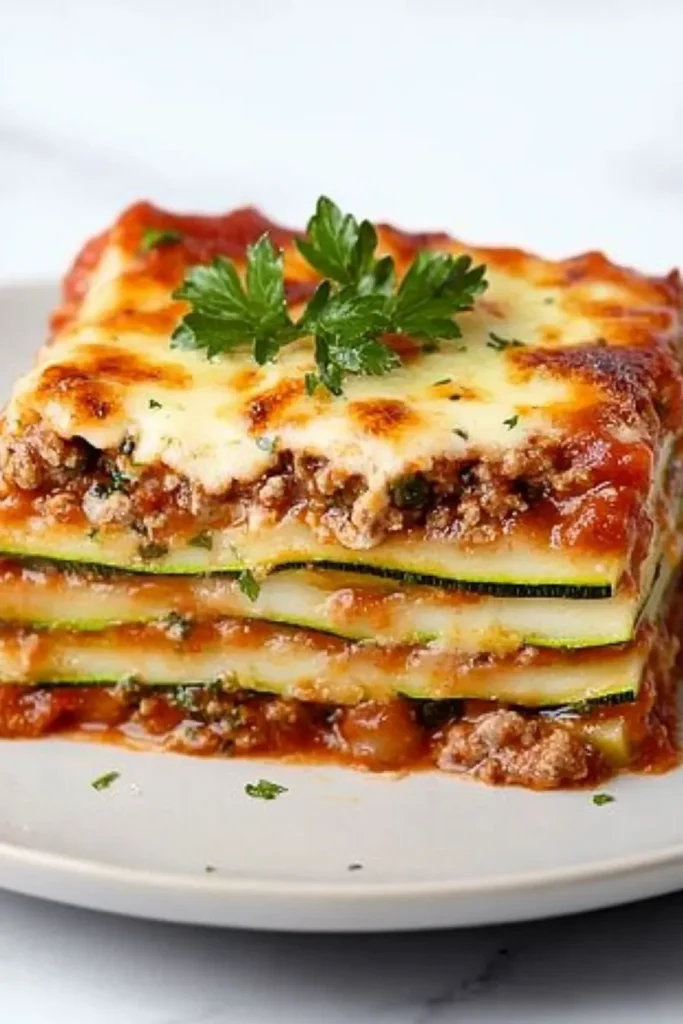 Delicious Zucchini Lasagna Recipe: Your Summer Low-Carb Comfort Food 5 Square slice of zucchini lasagna with creamy cheese layers, rich ground beef tomato sauce, and melted golden mozzarella on a light grey plate garnished with fresh parsley.