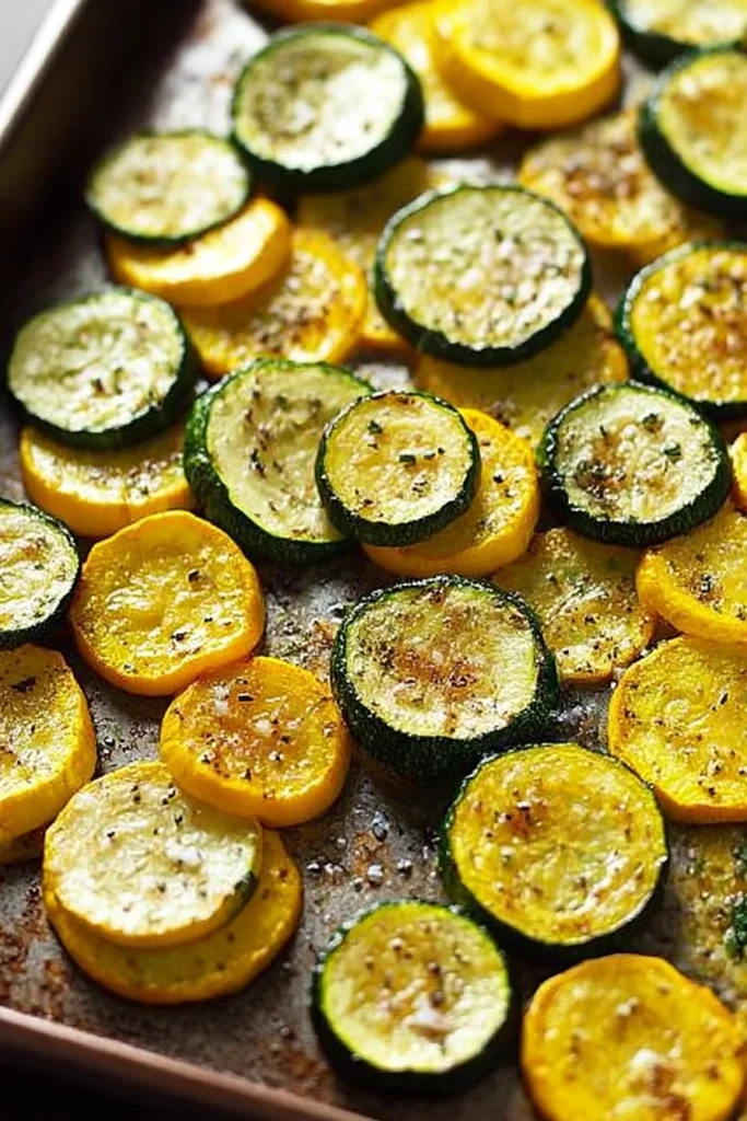 Perfectly Roasted Zucchini Squash: Your New Favorite Summer Veggie Side 5 Roasted zucchini and yellow squash slices with crispy edges on a rustic baking sheet, sprinkled with black pepper and sea salt