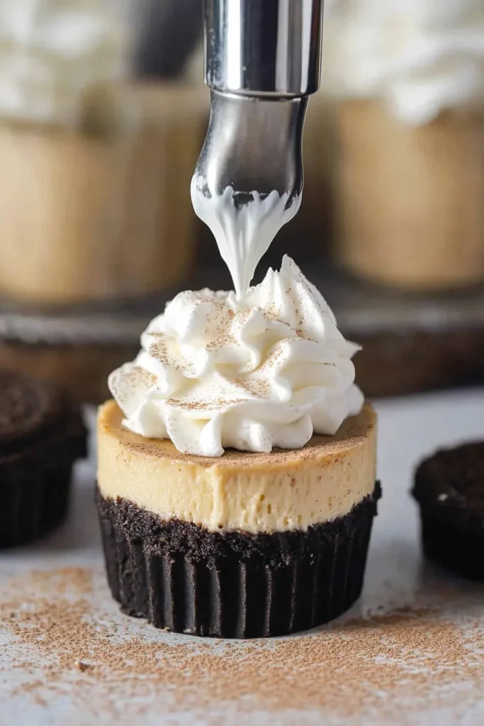 Mini Coffee Cheesecakes – Easy Father’s Day Dessert Recipe 13 Whipped cream being piped onto a mini coffee cheesecake with Oreo crust and creamy coffee filling