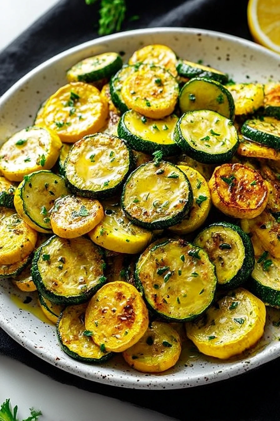 Plate of golden roasted zucchini and yellow squash slices with crispy edges and fresh parsley garnish