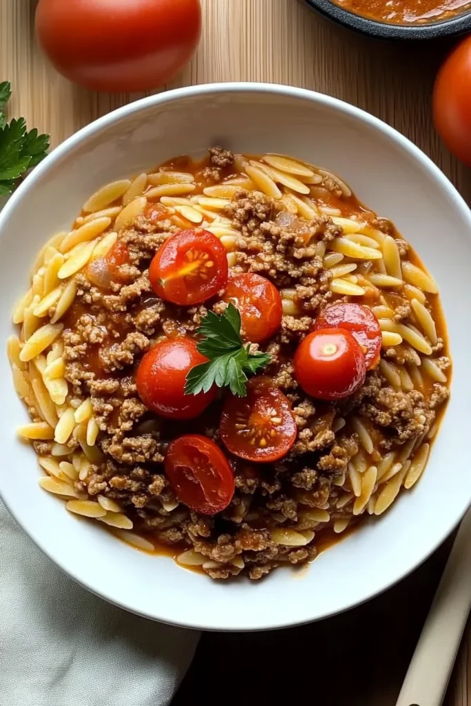 Creamy Tomato Ground Beef Orzo – Easy One-Pot Dinner 4 Creamy tomato ground-beef orzo with cherry-tomato garnish in white bowl on bamboo board, parsley and wooden spoon alongside.
