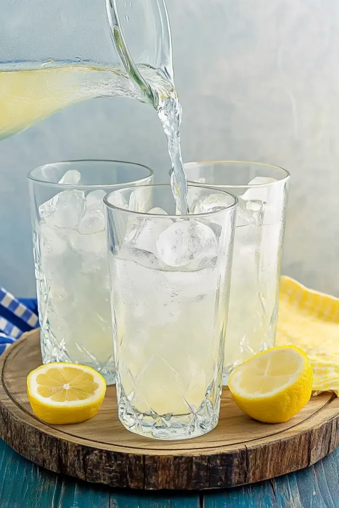 Three Ingredient Homemade Lemonade | Quick & Refreshing 4 Pouring three ingredient homemade lemonade into tall glasses filled with ice on a rustic wooden tray, with fresh lemon slices nearby.