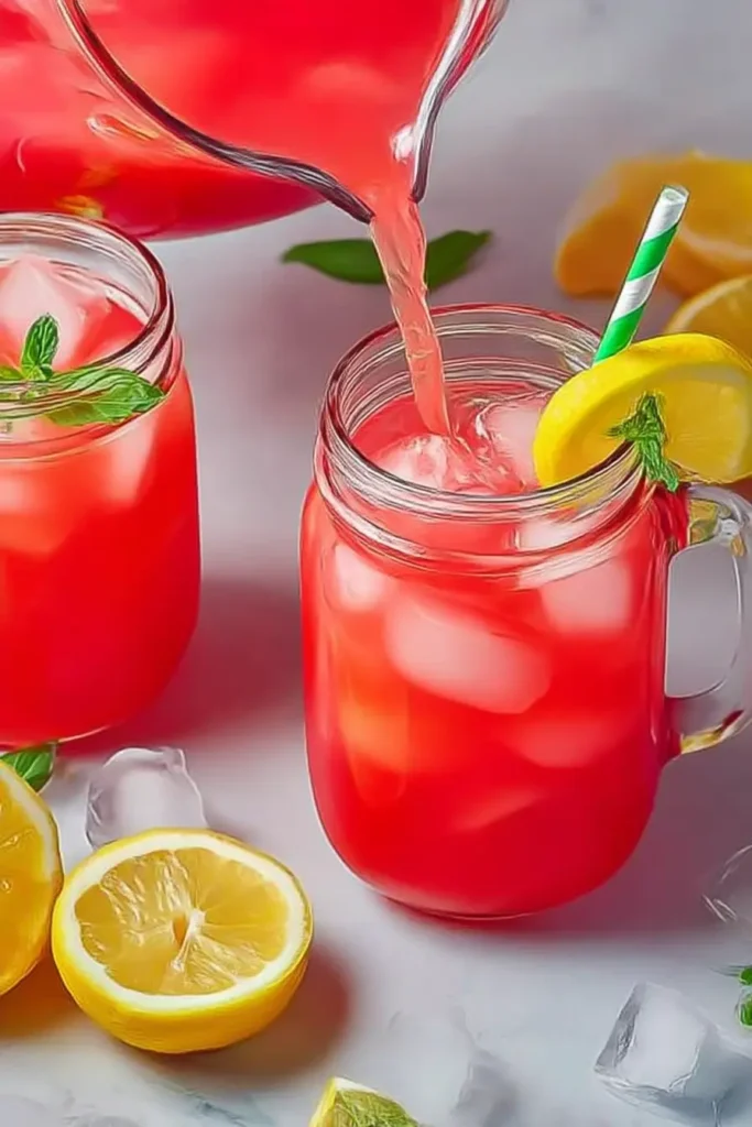 Watermelon Lemonade: Easy & Refreshing Summer Drink Recipe 7 Watermelon lemonade being poured from a glass pitcher into a mason jar garnished with lemon wedge and fresh mint, surrounded by lemon wedges and ice on a pastel blue wooden table.
