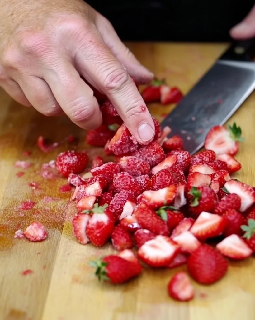 Hands hulling ripe strawberries on a wooden cutting board during jam preparation.