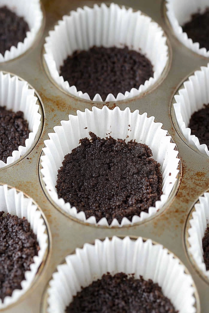 Mini Coffee Cheesecakes – Easy Father’s Day Dessert Recipe 11 Muffin tin filled with white cupcake liners and Oreo cookie crust for mini coffee cheesecakes