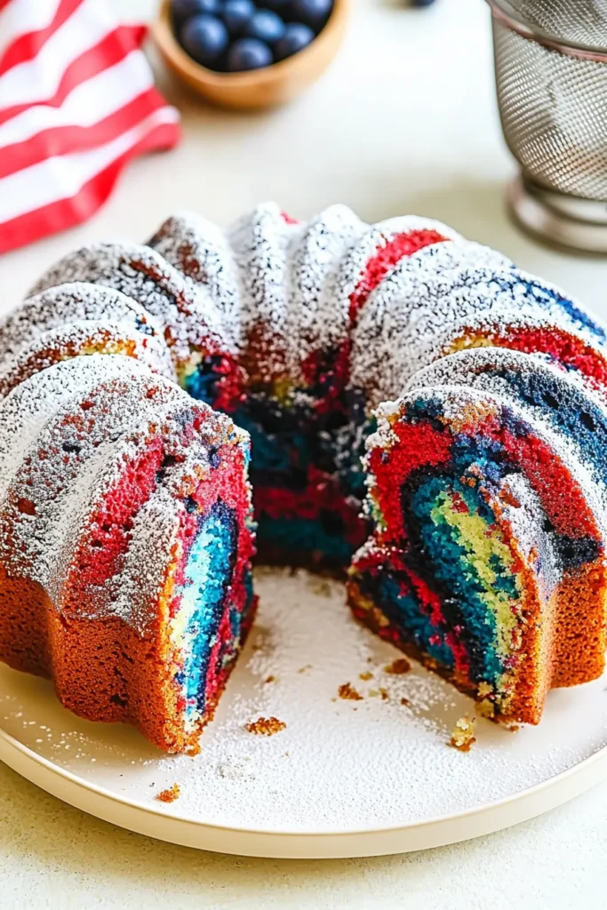 Close-up of sliced Red White & Blue Marble Cake with vibrant red, blue, and white swirls, dusted with powdered sugar on a white plate.