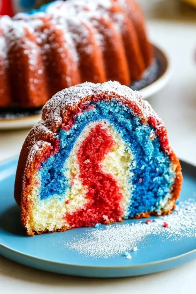 Slice of Red White & Blue Marble Cake on a blue plate, showing bold patriotic swirls and a dusting of powdered sugar.