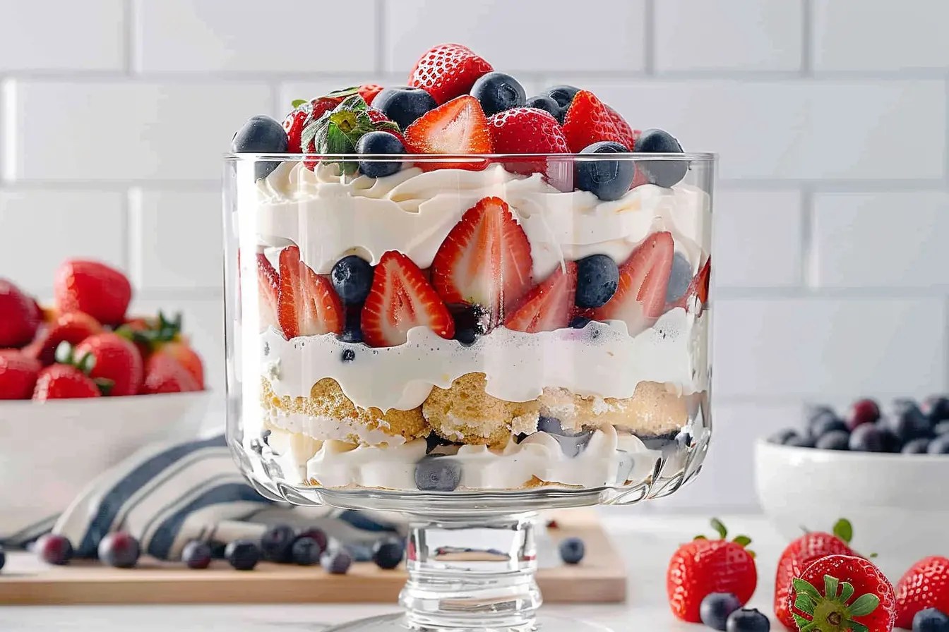 Red, white, and blue trifle dessert in a glass bowl with layers of whipped cream, pudding, strawberries, and blueberries, festive 4th of July treat.