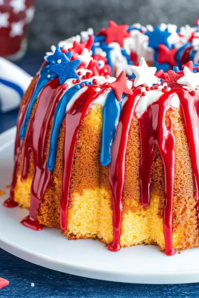 Easy Red White and Blue Cake: A Patriotic Treat for July 4th 4 Red White and Blue Cake decorated with patriotic frosting drizzle and star sprinkles, served on a white plate for July 4th.