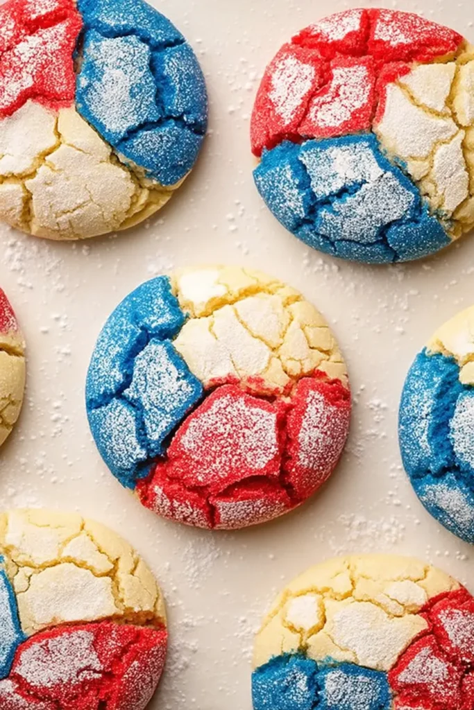 Flat lay of red, white, and blue patriotic crinkle cookies with powdered sugar on a clean white ceramic plate
