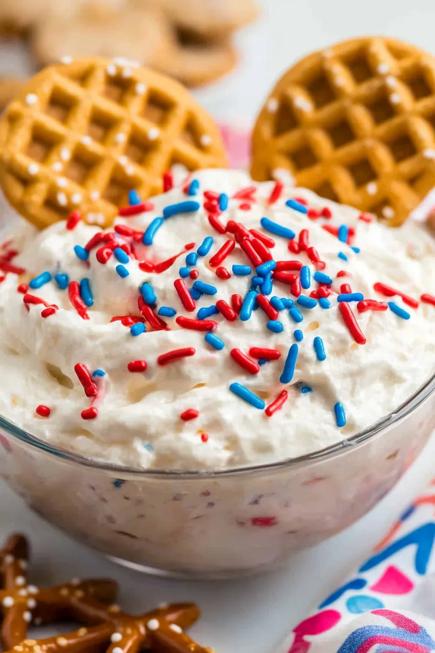 Red, White and Blue Funfetti Dip in a bowl topped with patriotic sprinkles and waffle cookies, surrounded by festive dippers.