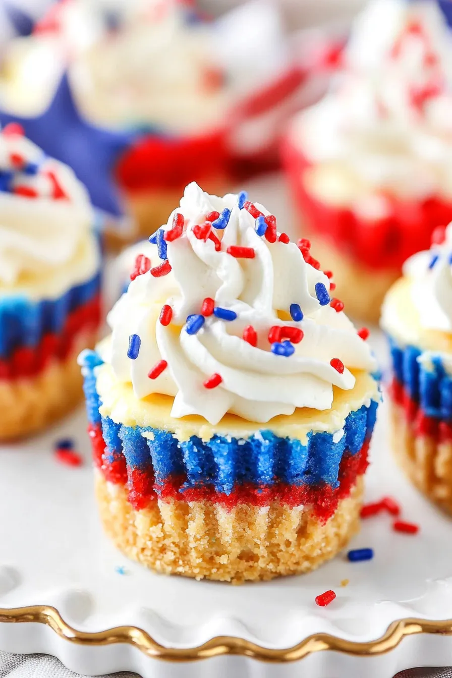Red, white, and blue mini cheesecakes topped with whipped cream and patriotic sprinkles on a rustic tray