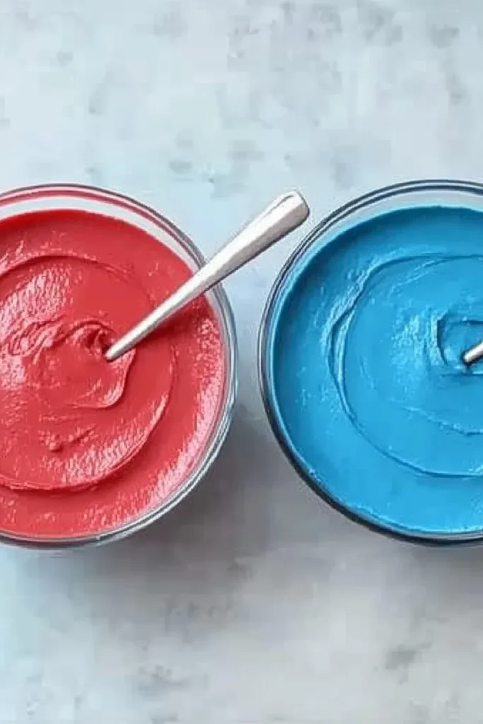 Patriotic Poke Cake: The Ultimate 4th of July Dessert 10 Bowls of red and blue cake batter for Patriotic Poke Cake recipe preparation