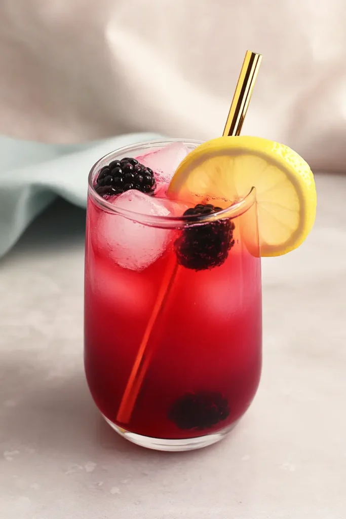 Glass of homemade blackberry lemonade with ice, lemon slice, and blackberries on a summer table