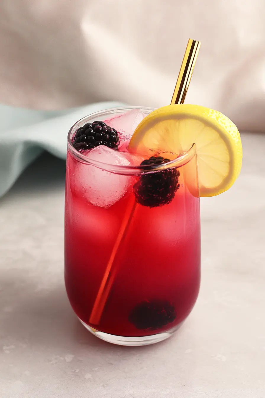 Glass of homemade blackberry lemonade with ice, lemon slice, and blackberries on a summer table