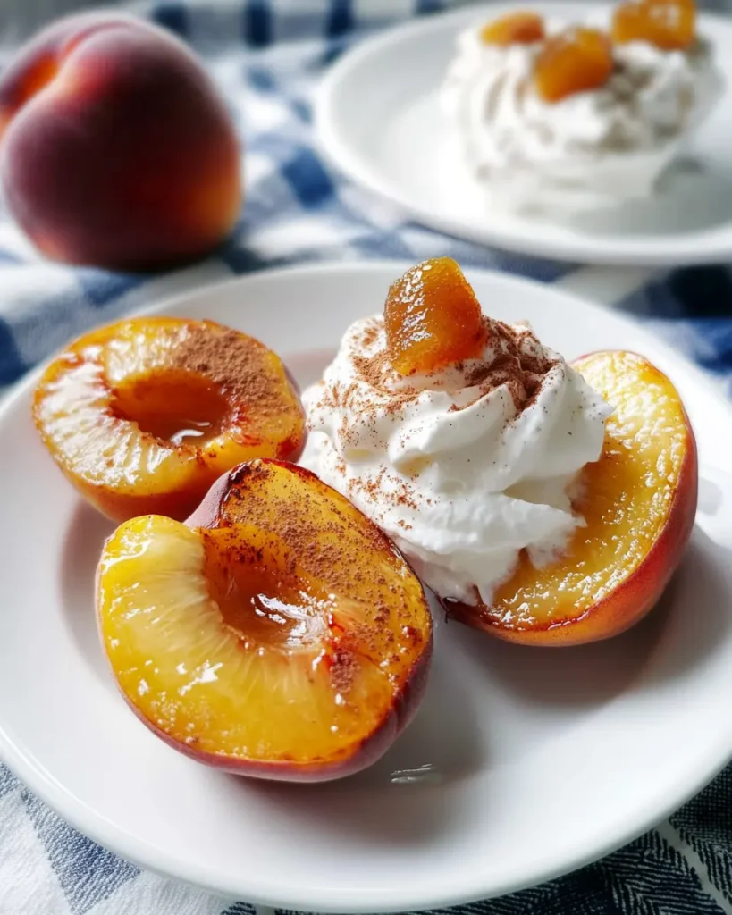 Baked cinnamon-dusted peach halves with coconut whipped cream and ginger pieces served on a white plate.