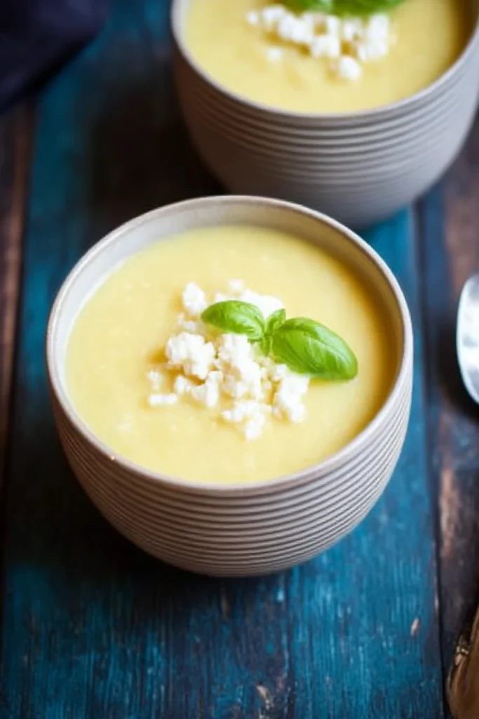 Delicious Fruity Summer Cold Pineapple Soup Recipe 5 Two rustic ceramic bowls filled with creamy fruity summer cold pineapple soup, garnished with crumbled white cheese and fresh basil, placed on a weathered blue-teal wooden table with a metal spoon.